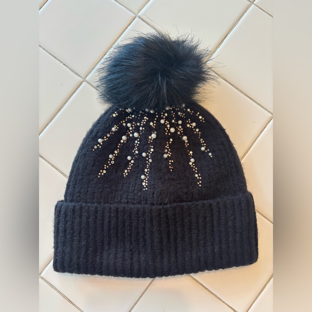 Black fur Beanie Pom cute pearl hat winter ski travel party holiday gifts snow